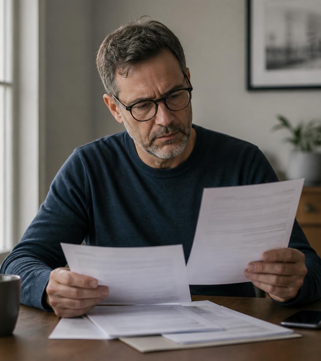 Pessoa analisando documentos médicos e a negativa do plano de saúde